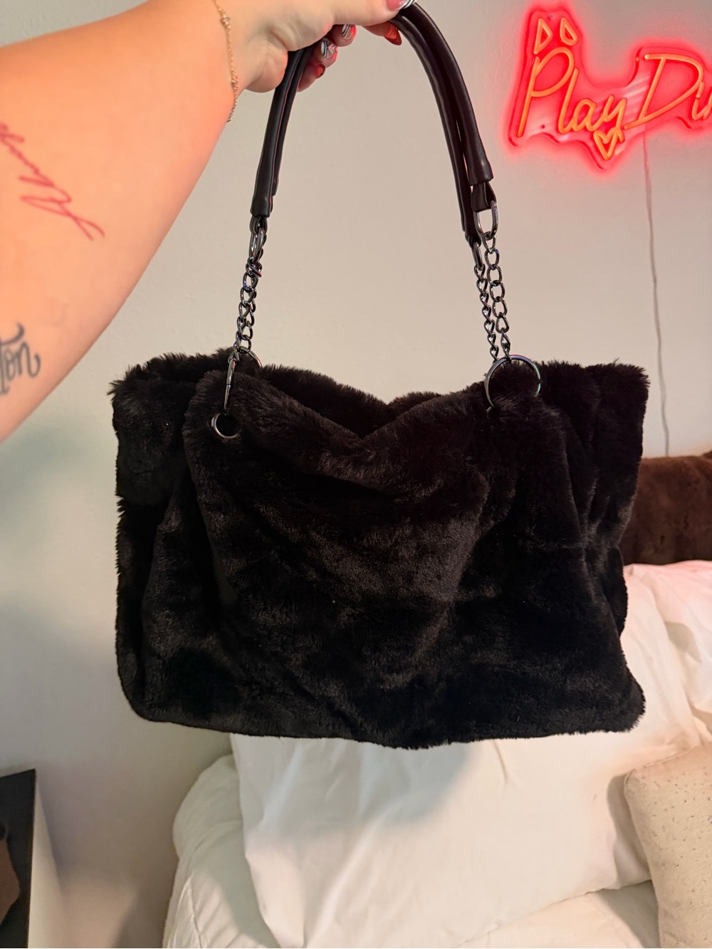 Plush Faux Fur Black Tote Bag with Chain Handles